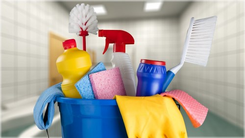 Carpet cleaning team following safety procedures at a property