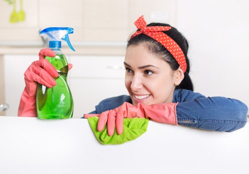 Cleaning staff using protective equipment and checking cleaning chemicals